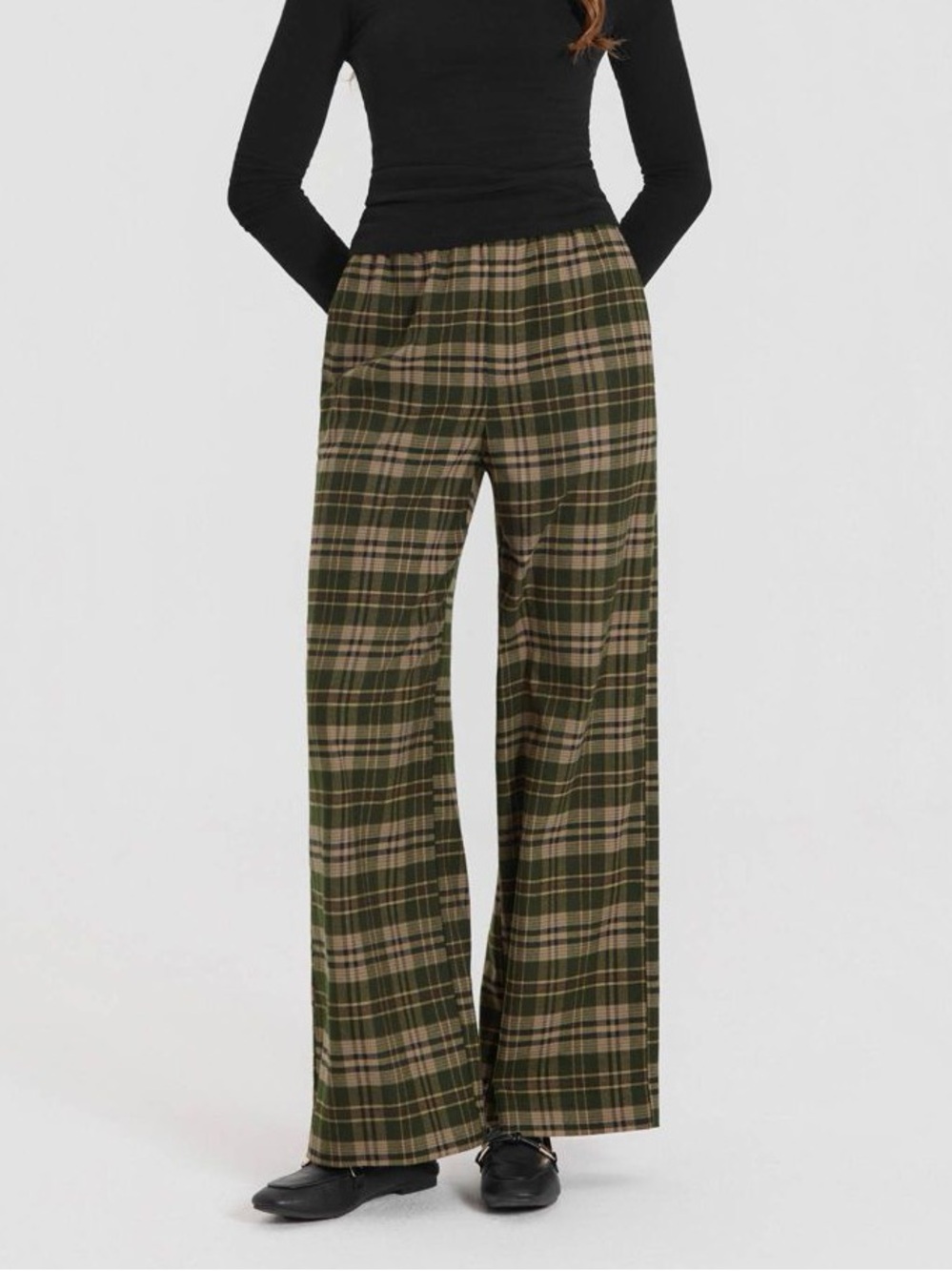 A New Day Green Plaid Wide Leg Pants Elastic Waist Size L F16802612-Q4/25 NEW